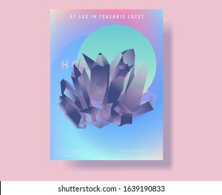 Music poster with magic crystals, opalescent minerals in subtle pastel color tones. Vaporwave retro style cover for club event.