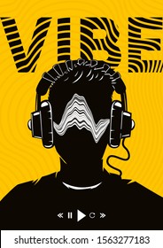 Music poster with male hean on headphones. Night party dj. Electro dance festival backround. Vector illustration.