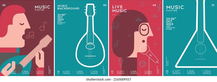 Music poster. Mandolin. Balalaika. The girl sings. A set of vector illustrations. Minimalistic design. Cover, print, banner, flyer.