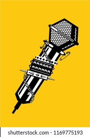 Music poster with microphone. Black and white lineart illustration. Rock and rap tattoo.