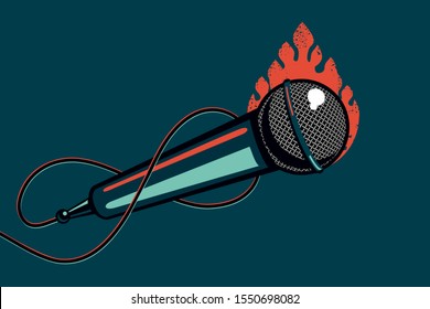 Music poster with microphone and fire. Hip-hop and rock party background with mic. Cartoon vector illustration. Horizontal banner.