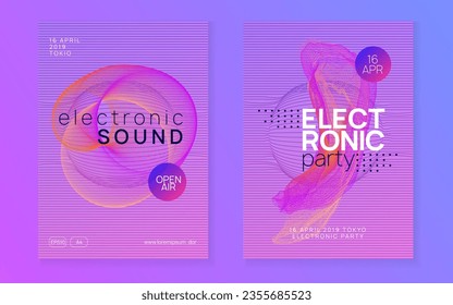 Music poster. Minimal discotheque banner set. Dynamic gradient shape and line. Neon music poster. Electro dance dj. Electronic sound fest. Club event flyer. Techno trance party.