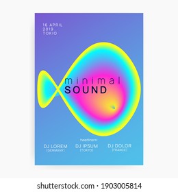 Music poster. Minimal house concert banner template. Electronic sound. Night dance lifestyle holiday. Fluid holographic gradient shape and line. Summer fest flyer and music poster.