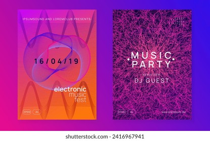 Music poster. Modern discotheque invitation set. Dynamic fluid shape and line. Neon music poster. Electro dance dj. Electronic sound fest. Club event flyer. Techno trance party.