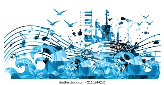 Music poster with musical instruments and notes isolated vector illustration. Artistic  background with sea waves and gulls for live concert events, music festivals, shows. Party flyer with LP record