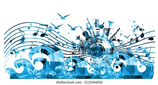 Music poster with musical instruments and notes isolated vector illustration. Artistic  background with sea waves and gulls for live concert events, music festivals, shows. Party flyer with LP record