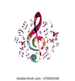 Music poster with music notes. Colorful G-clef with music notes isolated vector illustration