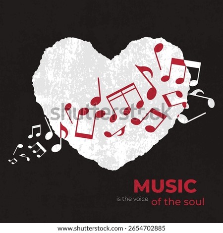 Music poster with music notes on heart shaped background. Quote Music is the voice of the soul. Vector illustration