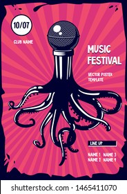 Music poster with octopus and microphone. Rap and rock party illustration. Vector template.