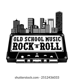 Cartaz de música. Velha escola. Fita de áudio. Design para camiseta ou cartaz impresso. Mão desenhada para o logotipo e emblema do rock-n-roll. Silhueta de megalópolis. Ilustração vetorial para impressão em camiseta. Tatuagem preta