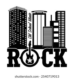 Afiche musical. De la vieja escuela. Guitarra Urbana. Diseño para impresión de camiseta o póster. Dibujado a mano para el logotipo y el emblema del rock-n-roll. Silueta de una megalópolis. Ilustración vectorial para estampado de camiseta. Tatuaje negro