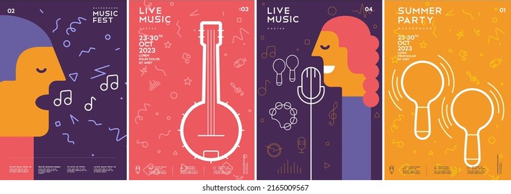 Music poster. People sing. Banjo. Maracas. Festival. Event. A set of vector illustrations. Minimalistic design. Cover, print, banner, flyer.