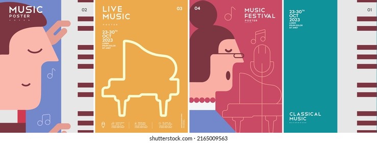 Music poster. Pianist. Piano. Opera singer. A set of vector illustrations. Minimalistic design. Cover, print, banner, flyer.