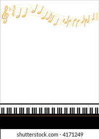 MUSIC POSTER, piano frame, gold music notes. Copy space for music concert recitals, announcements and fliers. EPS8 compatible.