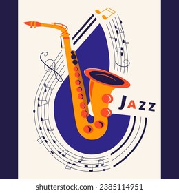 Music poster with saxophone and sheet music. Geometric composition. Blue, light blue, yellow, coral color. For banners, invitation