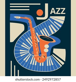 Music poster with saxophone and sheet music. Geometric composition. Blue, light blue, yellow, coral color. For banners, invitation