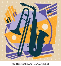 The music poster with a saxophone, trombone, piano keys and geometric shapes. Simple flat style. Red, blue, violet, beigeю For music festivals, invitations, flyers