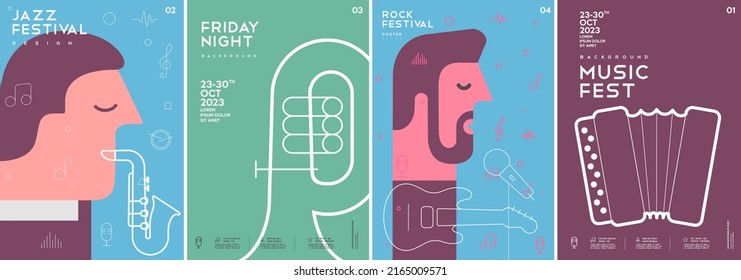 Music poster. Saxophonist. Tuba. Accordion. A man plays the guitar.  A set of vector illustrations. Minimalistic design. Cover, print, banner, flyer.