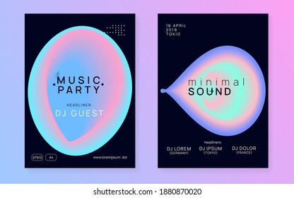 Juego de afiches musicales. Resumen del diseño de la presentación de eventos disco. Forma y línea de gradiente holográfico fluido. Sonido electrónico. Día festivo de estilo de vida de baile nocturno. Volante del festival de verano y afiche musical.