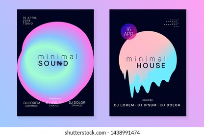 Music poster set. Abstract electro concert banner design. Electronic sound. Night dance lifestyle holiday. Fluid holographic gradient shape and line. Summer fest flyer and music poster.