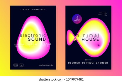 Music poster set. Abstract trance club brochure template. Fluid holographic gradient shape and line. Electronic sound. Night dance lifestyle holiday. Summer fest flyer and music poster.