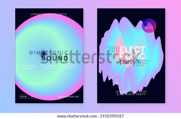 Music\
poster set. Abstract trance event invitation design. Electronic\
sound. Night dance lifestyle holiday. Fluid holographic gradient\
shape and line. Summer fest flyer and music\
poster.