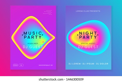 Music poster set. Bright techno show magazine template. Fluid holographic gradient shape and line. Electronic sound. Night dance lifestyle holiday. Summer fest flyer and music poster.