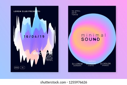 Music poster set. Creative disco show magazine layout. Electronic sound. Night dance lifestyle holiday. Fluid holographic gradient shape and line. Summer fest flyer and music poster.