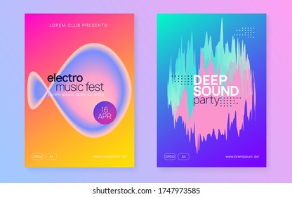 Music poster set. Dynamic house event brochure template. Electronic sound. Night dance lifestyle holiday. Fluid holographic gradient shape and line. Summer fest flyer and music poster.