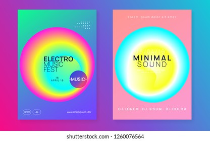 Music poster set. Electronic sound. Night dance lifestyle holiday. Fluid holographic gradient shape and line. Abstract trance concert cover design. Summer fest flyer and music poster.