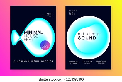 Music poster set. Electronic sound. Night dance lifestyle holiday. Feminine trance show brochure template. Fluid holographic gradient shape and line. Summer fest flyer and music poster.