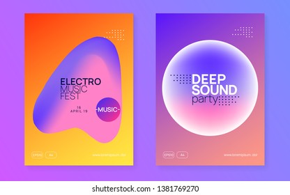 Music poster set. Electronic sound. Night dance lifestyle holiday. Minimal electro show banner design. Fluid holographic gradient shape and line. Summer fest flyer and music poster.