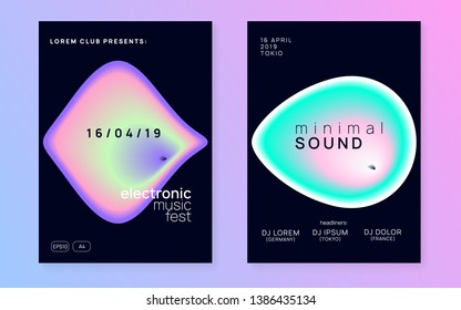 Music poster set. Electronic sound. Night dance lifestyle holiday. Geometric indie concert invitation template. Fluid holographic gradient shape and line. Summer fest flyer and music poster.