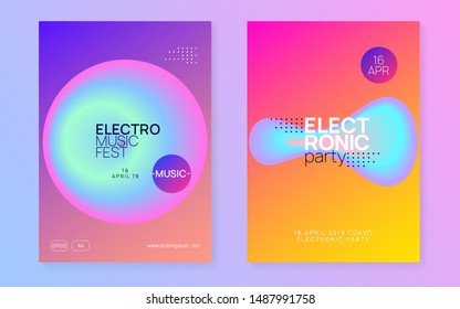 Music poster set. Electronic sound. Night dance lifestyle holiday. Trendy trance club presentation template. Fluid holographic gradient shape and line. Summer fest flyer and music poster.