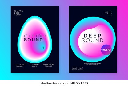 Music poster set. Electronic sound. Night dance lifestyle holiday. Wavy trance party cover layout. Fluid holographic gradient shape and line. Summer fest flyer and music poster.
