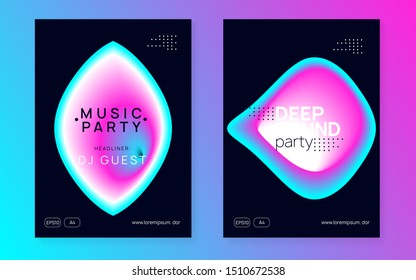 Music poster set. Electronic sound. Night dance lifestyle holiday. Fluid holographic gradient shape and line. Wavy house event brochure design. Summer fest flyer and music poster.