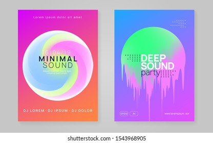 Music poster set. Electronic sound. Night dance lifestyle holiday. Fluid holographic gradient shape and line. Modern disco show banner design. Summer fest flyer and music poster.