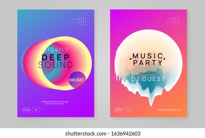 Music poster set. Electronic sound. Night dance lifestyle holiday. Fluid holographic gradient shape and line. Modern indie event brochure template. Summer fest flyer and music poster.