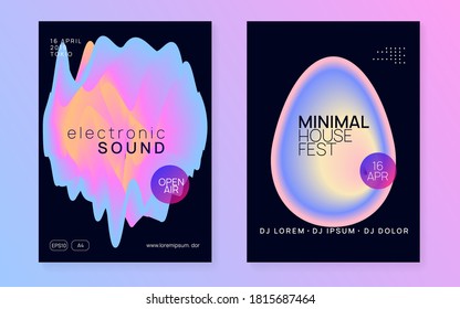 Music poster set. Electronic sound. Night dance lifestyle holiday. Dynamic disco concert magazine design. Fluid holographic gradient shape and line. Summer fest flyer and music poster.