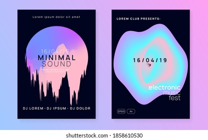 Music poster set. Electronic sound. Night dance lifestyle holiday. Fluid holographic gradient shape and line. Bright disco club invitation layout. Summer fest flyer and music poster.