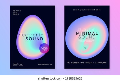 Music poster set. Electronic sound. Night dance lifestyle holiday. Futuristic indie show banner template. Fluid holographic gradient shape and line. Summer fest flyer and music poster.