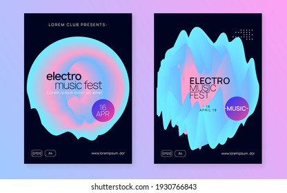 Music poster set. Electronic sound. Night dance lifestyle holiday. Abstract house party magazine template. Fluid holographic gradient shape and line. Summer fest flyer and music poster.