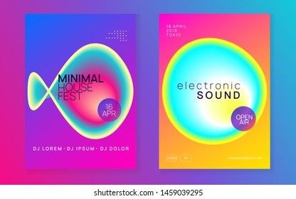 Music poster set. Feminine disco party brochure layout. Electronic sound. Night dance lifestyle holiday. Fluid holographic gradient shape and line. Summer fest flyer and music poster.
