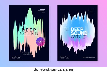 Music poster set. Fluid holographic gradient shape and line. Electronic sound. Night dance lifestyle holiday. Creative house club brochure template. Summer fest flyer and music poster.