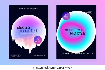 Music poster set. Fluid holographic gradient shape and line. Electronic sound. Night dance lifestyle holiday. Futuristic electro concert invitation design. Summer fest flyer and music poster.