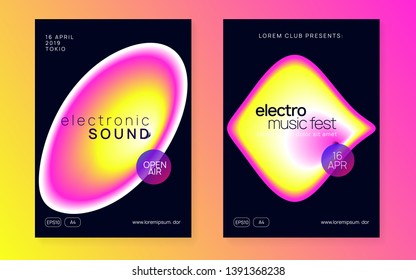 Music poster set. Fluid holographic gradient shape and line. Cool house club presentation template. Electronic sound. Night dance lifestyle holiday. Summer fest flyer and music poster.
