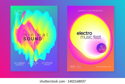 Music poster set. Fluid holographic gradient shape and line. Electronic sound. Night dance lifestyle holiday. Geometric indie concert magazine layout. Summer fest flyer and music poster.