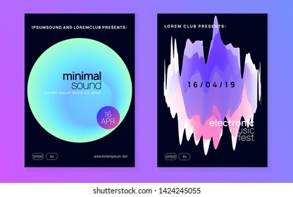 Music poster set. Fluid holographic gradient shape and line. Abstract techno party presentation layout. Electronic sound. Night dance lifestyle holiday. Summer fest flyer and music poster.