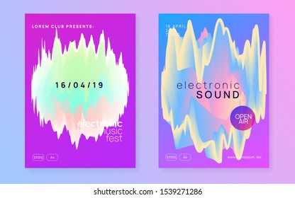 Music poster set. Fluid holographic gradient shape and line. Electronic sound. Night dance lifestyle holiday. Feminine techno club cover design. Summer fest flyer and music poster.