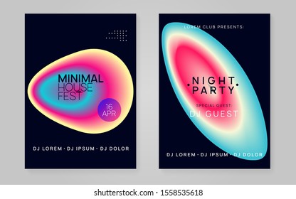 Music poster set. Fluid holographic gradient shape and line. Cool disco party presentation template. Electronic sound. Night dance lifestyle holiday. Summer fest flyer and music poster.